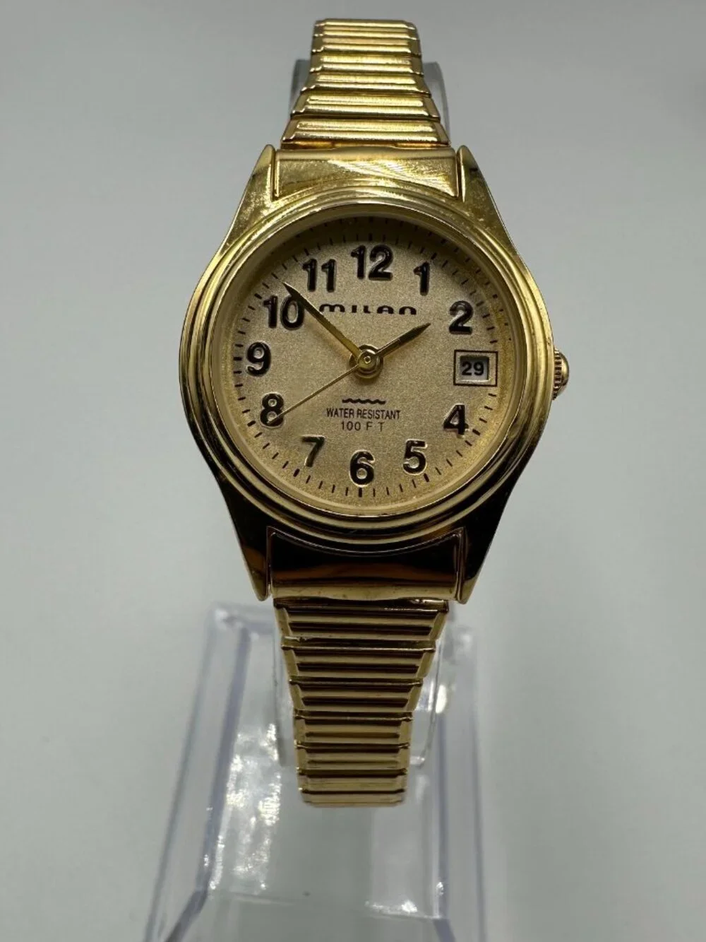 3/$30 Milan Watch Women Gold Tone Date Window Stretch Band New Battery 6.25 Inch